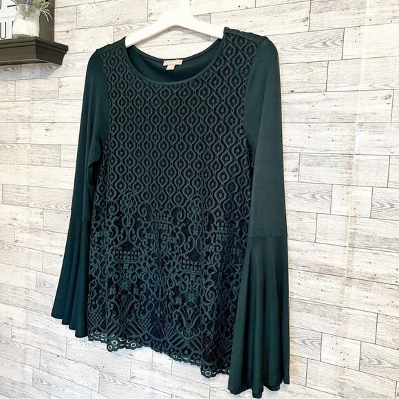 POINTELLE Green Lace Overlay Blouse With Bell Sleeves, L - Picture 5 of 8
